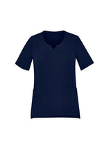 Navy Women's Avery Round Neck Scrub Top in size XXS, featuring a tailored fit, multiple pockets, and moisture-wicking fabric.