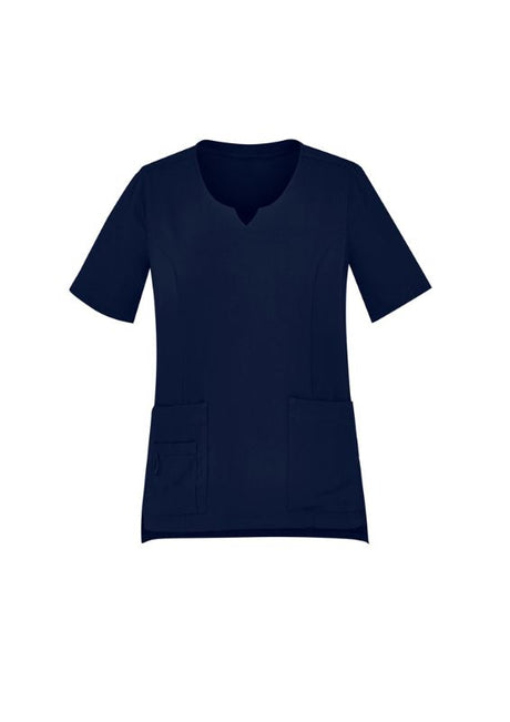 Navy Women's Avery Round Neck Scrub Top in size XXS, featuring a tailored fit, multiple pockets, and moisture-wicking fabric.