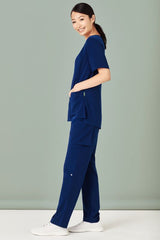 Navy women's scrub top from Biz Collection, size Small, featuring a tailored fit, multiple pockets, and wicking fabric.