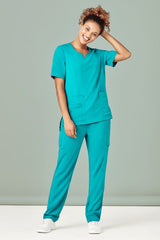 Women’s Avery Round Neck Scrub Top in charcoal, XXS, featuring a tailored fit, multiple pockets, and easy-care wicking fabric.