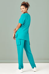 Charcoal women's scrub top with round neck, tailored fit, multiple pockets, wicking fabric, size XXS, by Biz Collection.