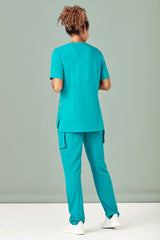 Women's charcoal scrub top with round neck, tailored fit, pockets, and easy-care fabric, ideal for healthcare professionals.