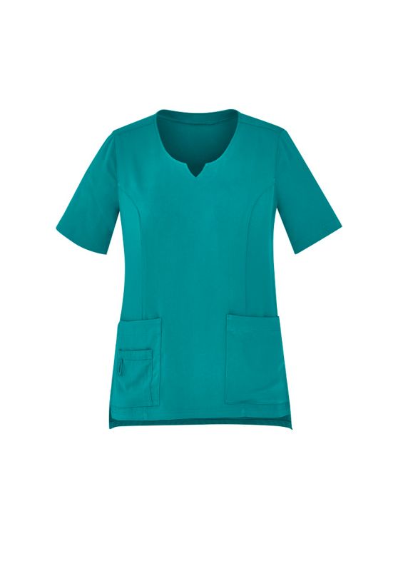 Stylish charcoal scrub top for women, featuring a tailored fit, multiple pockets, and easy-care fabric in size XXS.