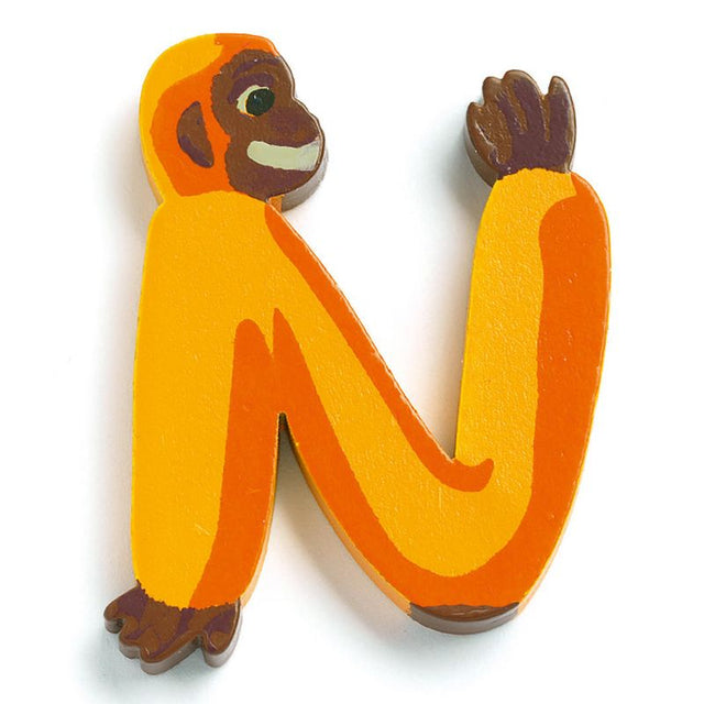 Colorful wooden letter "N" with charming animal illustrations, perfect for personalizing children's rooms and decor.