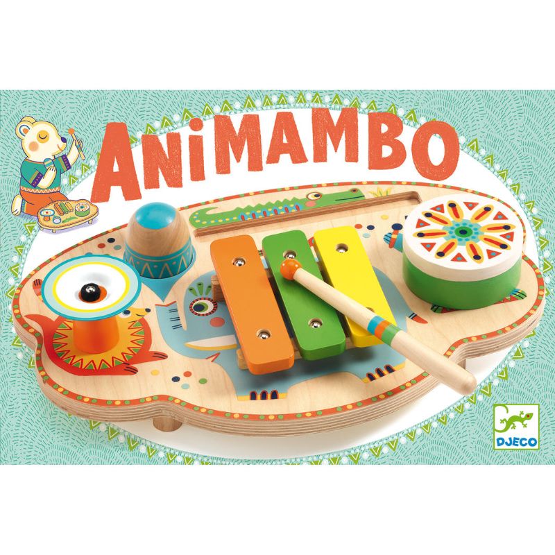 Musical Carnaval by Djeco: a colorful wooden musical table with instruments for toddlers, featuring charming animal illustrations.