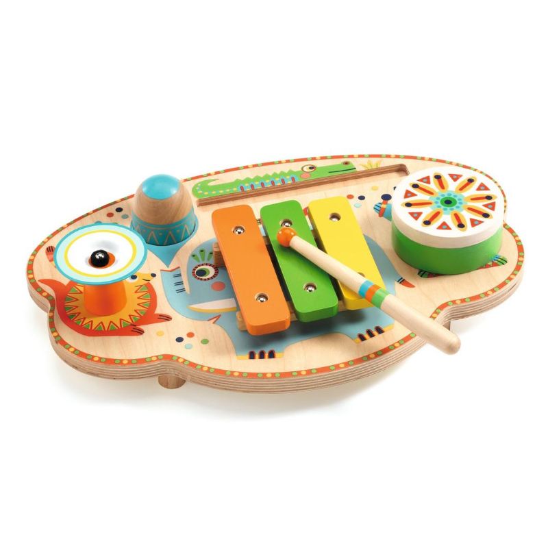 A vibrant wooden musical table featuring a drum, xylophone, cymbal, and maraca, adorned with charming animal illustrations.