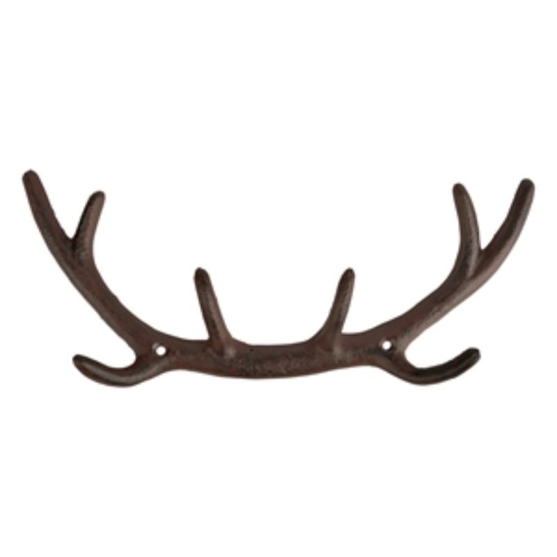 Cast iron antler hook measuring 29x5x13cm, blending rustic charm with functionality for coats or decor.