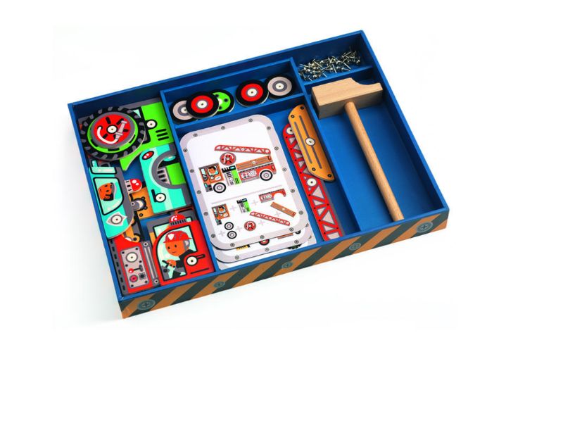 Colorful Vehicles Tap-Tap construction set with 24 wooden pieces, hammer, and metal pins for creative building fun.