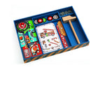 Colorful Vehicles Tap-Tap construction set with 24 wooden pieces, hammer, and metal pins for creative building fun.