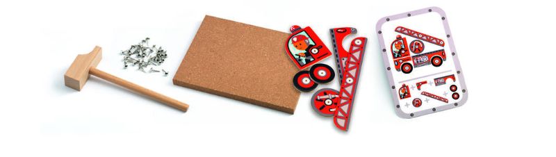 Colorful Djeco Vehicles Tap-Tap set for kids aged 4+, featuring 24 wooden pieces and tools for creative vehicle construction.