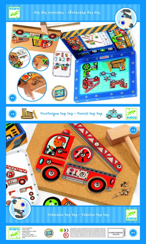 Colorful Djeco Vehicles Tap-Tap toy set with 24 wooden pieces, hammer, and instruction cards for creative vehicle assembly.