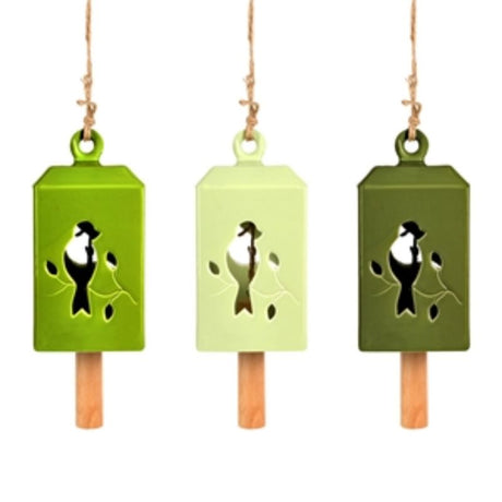 Set of 3 green wind chimes in assorted designs, crafted from ceramic and pinwood, creating soothing melodies outdoors.