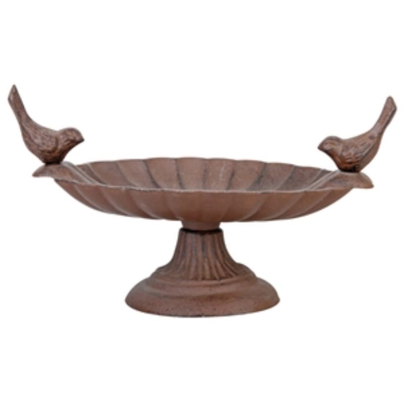 Decorative bird bath on foot with two perched birds, 23 x 14 x 13cm, ideal for attracting and nourishing backyard birds.