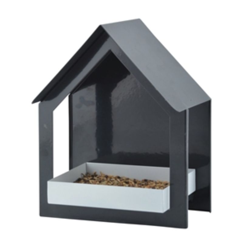 Stylish anthracite and white wall-mounted bird feeder with roof, open structure for easy access, and integrated mounting holes.