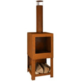 Rust-finish terrace heater with built-in wood storage, perfect for outdoor warmth and style, measuring 38 x 38 x 136 cm.