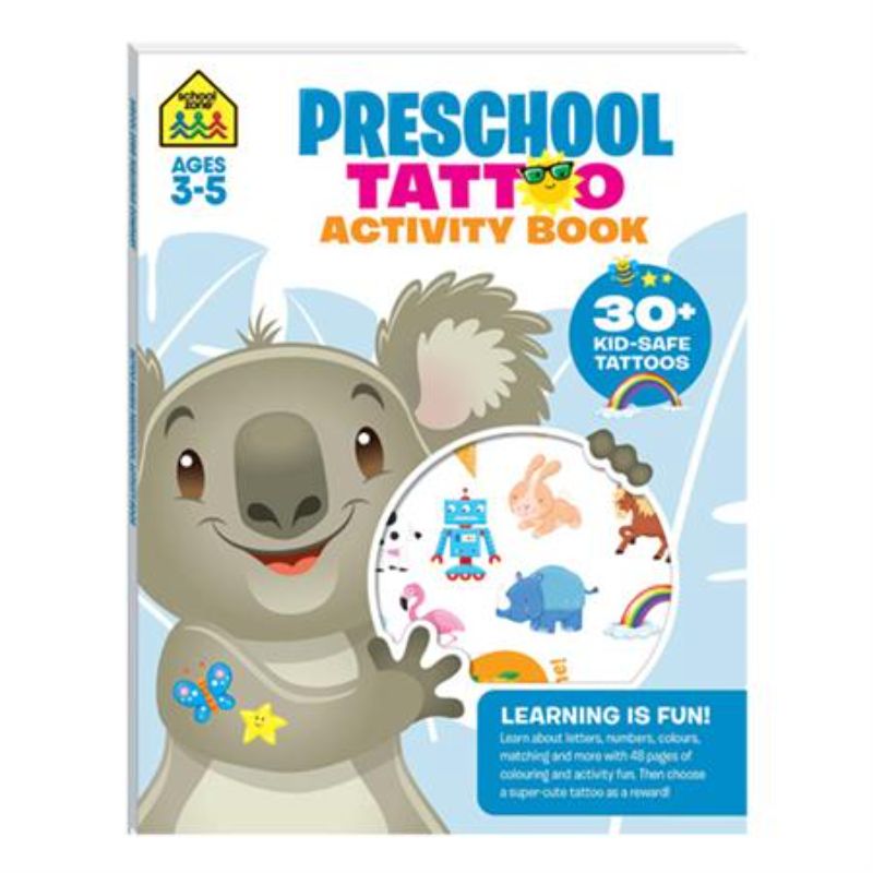 Educational activity book for preschoolers, featuring 48 pages of fun learning and a pull-out sheet of 30 kid-safe tattoos.