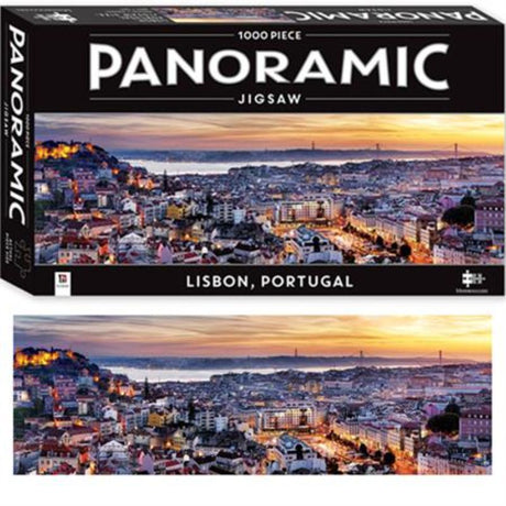 Panoramic jigsaw puzzle of Lisbon's skyline at night, featuring 1000 detailed pieces and vibrant colors for puzzle enthusiasts.