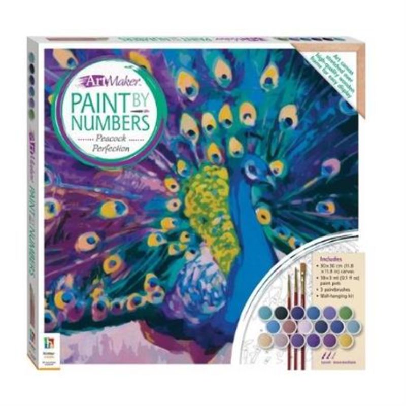 Paint by Numbers kit featuring a vibrant peacock design with canvas, paints, brushes, and hanging supplies for creative relaxation.