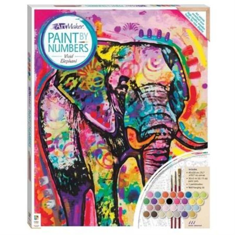 Paint by numbers kit featuring a vivid elephant design, includes canvas, paints, brushes, and wall-hanging kit for creative relaxation.