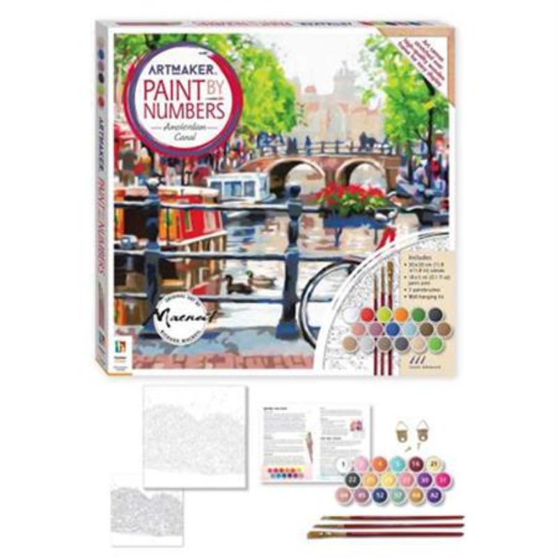 Paint by numbers kit featuring Venice Canals, includes canvas, paint pots, brushes, and wall-hanging kit for creative enjoyment.