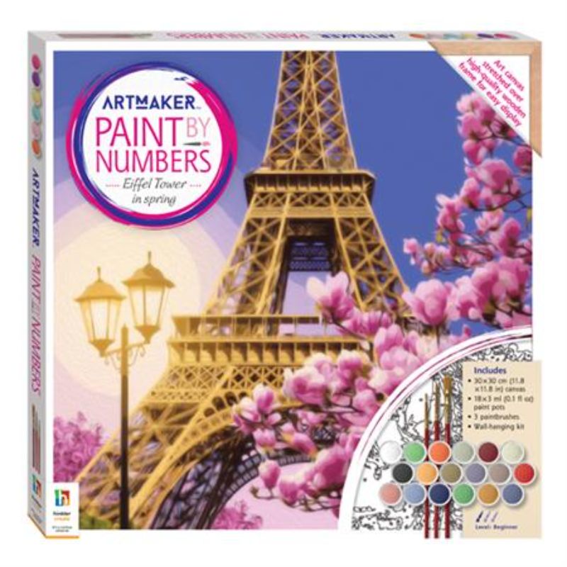 Paint by Numbers canvas featuring the Eiffel Tower with vibrant paints and brushes for a creative art experience.