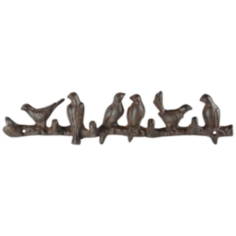 Whimsical coat rack featuring six bird-shaped hooks for hanging towels, jackets, or accessories, measuring 4 x 43 x 10 cm.