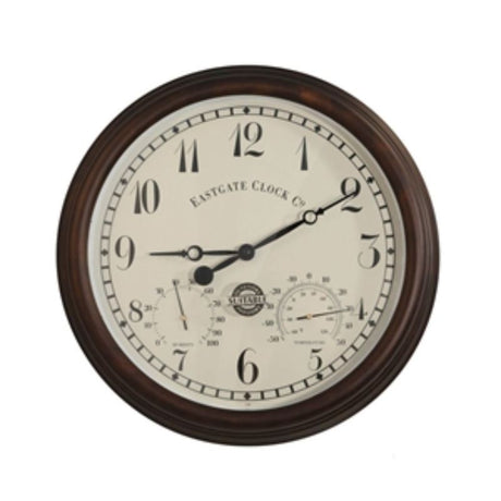 Vintage Eastgate Clock featuring thermometer and hygrometer, blending charm with functionality for outdoor spaces.