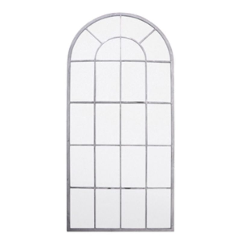 Stunning 140cm metal outdoor mirror with Saxon church window design, perfect for enhancing garden or patio aesthetics.