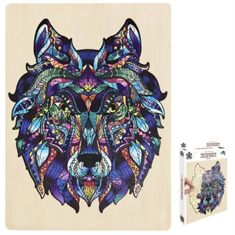 Wooden jigsaw puzzle featuring a vibrant wolf design, crafted from durable wood with 132 unique pieces for ages 8 and up.