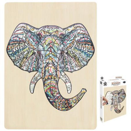 Colorful wooden jigsaw puzzle featuring an intricately designed elephant with 137 unique pieces for ages 8 and up.