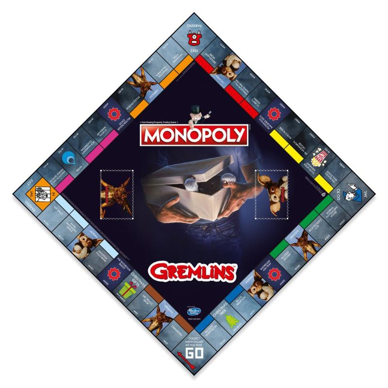 Monopoly - Gremlins board game featuring Kingston Falls landmarks and Peltzer's quirky inventions for family fun.