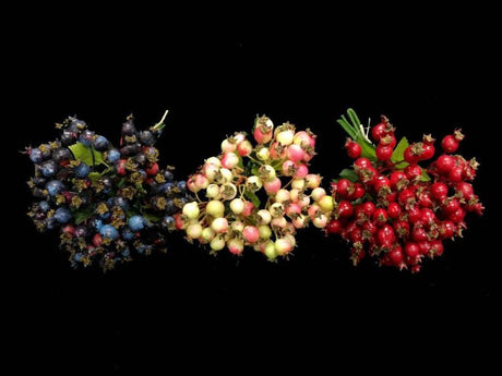 Artificial mini rosehip bundle in blue, featuring six realistic stems for stylish home decor and floral arrangements.
