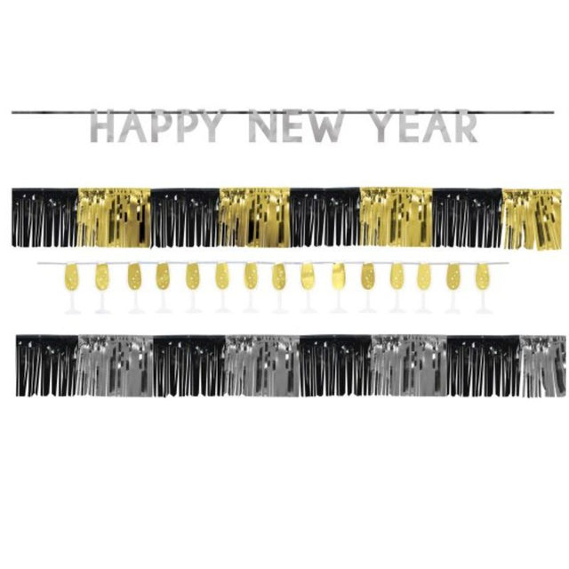 Happy New Year Banner Kit in black, silver, and gold, featuring four stylish banners for festive celebrations.