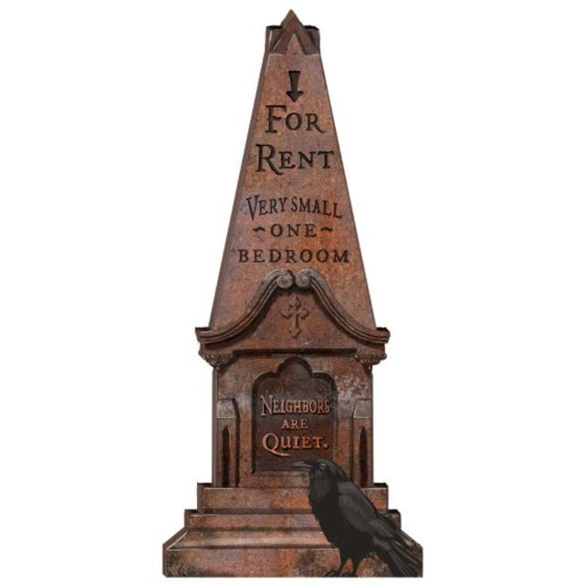 Large styrofoam tombstone decoration for Halloween, measuring 111cm x 50cm; includes stakes for easy outdoor setup.