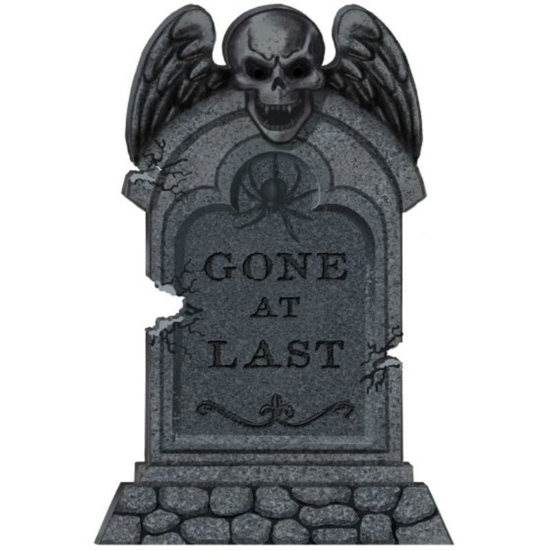 Eerie 55cm styrofoam tombstone decoration with stakes, perfect for Halloween outdoor and indoor setups.