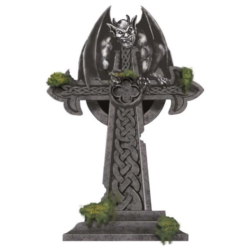 Mossy Cross Tombstone Decoration, 55cm tall, realistic design with Gothic cross, perfect for Halloween setups and spooky decor.