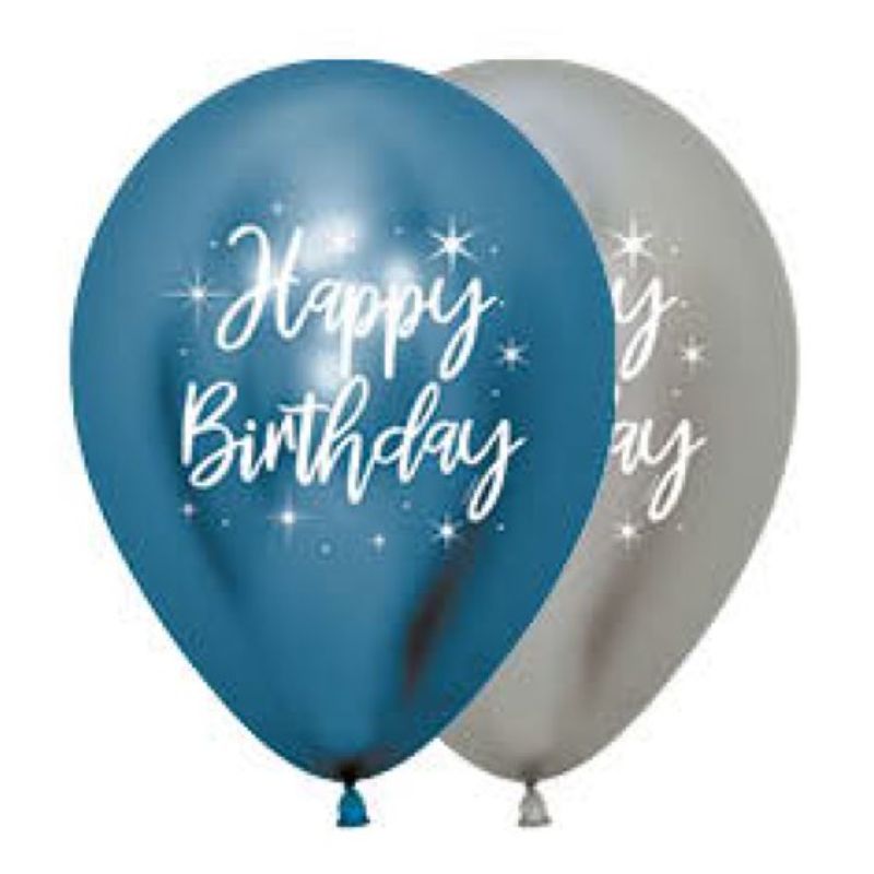 Pack of 12 metallic blue and silver latex balloons for elegant birthday celebrations, ideal for any party theme.