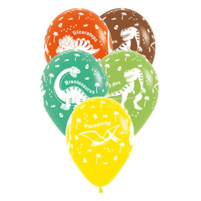 Bright assortment of 12 dinosaur-themed latex balloons, perfect for kids' parties and dino-themed celebrations.