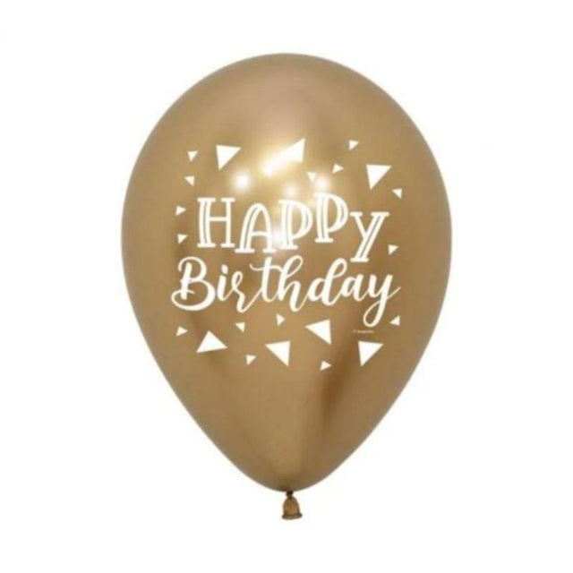 Pack of 12 metallic reflex gold balloons featuring happy birthday triangles for elegant party decor.