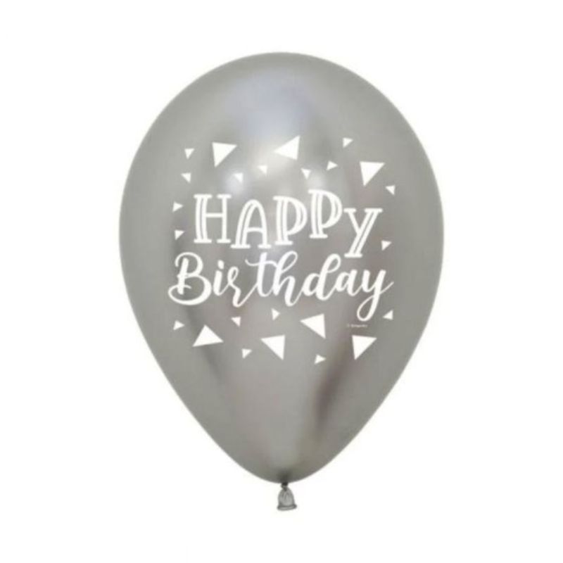 Pack of 12 metallic silver triangular balloons for birthday celebrations, adding glamour and a modern touch to decor.