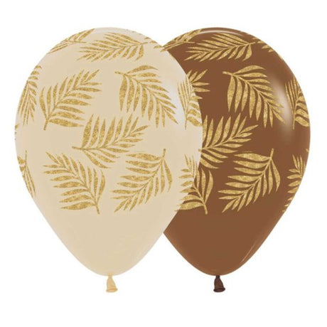 Gold and latte-colored latex balloons with palm leaf designs, perfect for tropical-themed parties and elegant celebrations.