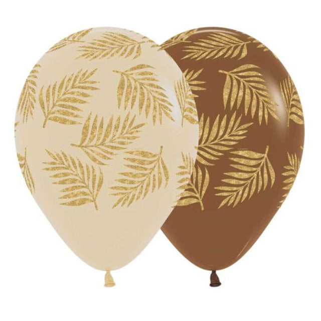 Gold and latte-colored latex balloons with palm leaf designs, perfect for tropical-themed parties and elegant celebrations.