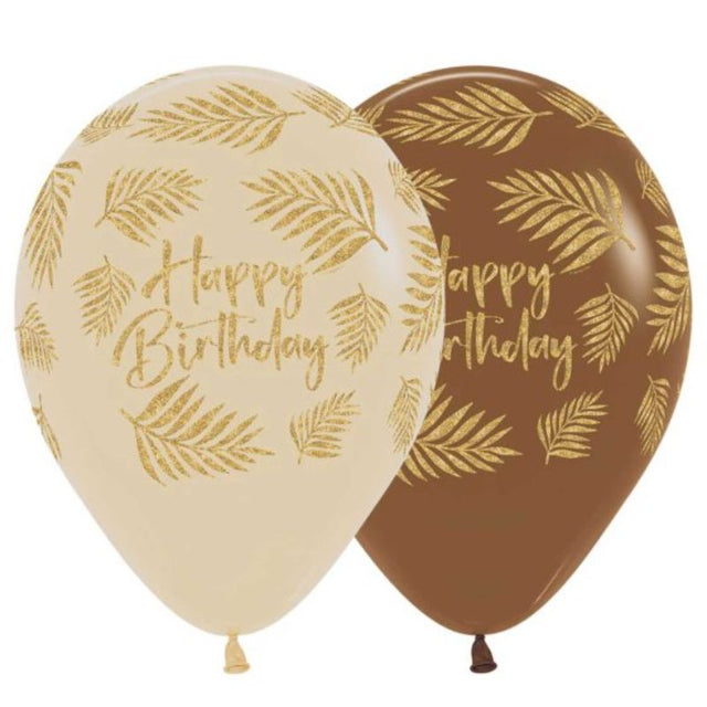 Elegant gold "Happy Birthday" latex balloons in latte color, perfect for festive birthday decor, pack of 12.