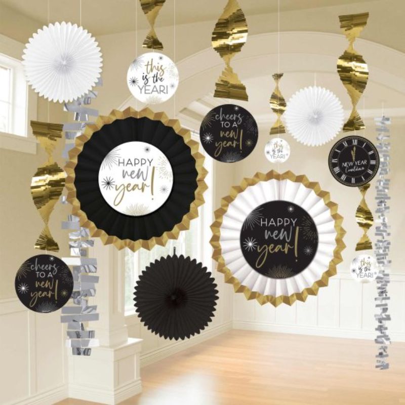 Happy New Year Decorating Kit featuring black, silver, and gold fans, garlands, and swirls for elegant celebrations.