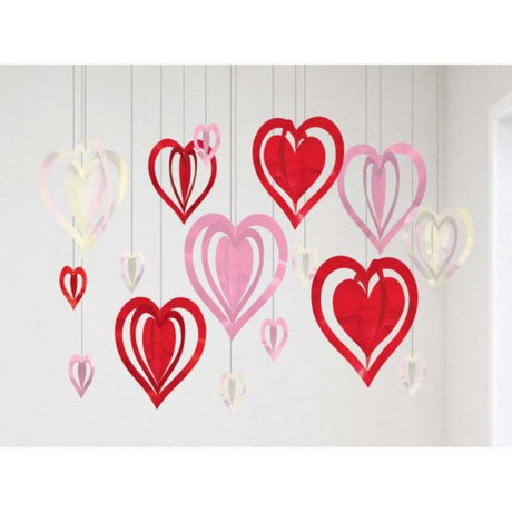 Colorful pack of 16 heart-shaped 3D hanging decorations in various sizes, perfect for festive celebrations and events.