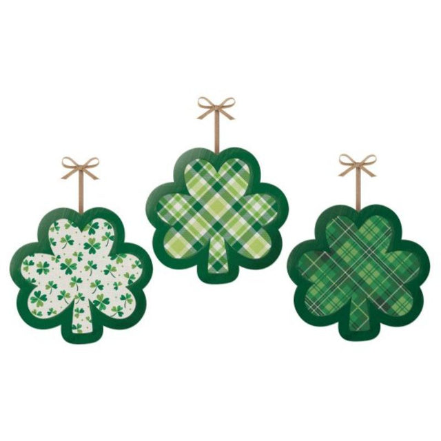 Vibrant green Shamrocks MDF Hanging Decorations, pack of 3, perfect for festive decor and year-round charm.