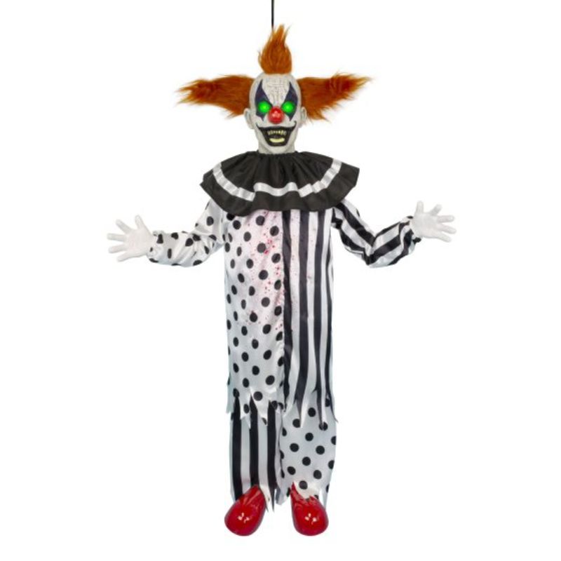 Spooky 4.4ft animatronic clown with sound, motion activation, and cinematic lights for Halloween decorations.