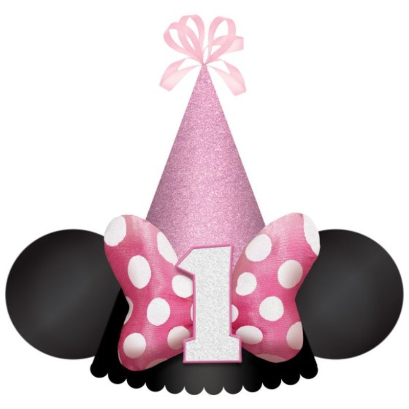 Minnie Mouse-themed cone hat for 1st birthday, featuring vibrant colors and adorable graphics, perfect for festive celebrations.