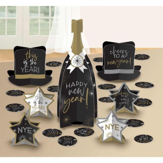 Elegant black, silver, and gold New Year table centerpiece kit featuring 27 versatile pieces for festive celebrations.