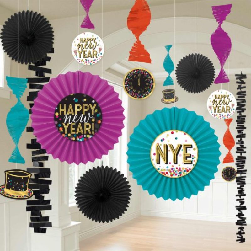 Happy New Year Colourful Confetti Paper Fan Decorating Kit featuring vibrant fans, garlands, and fringe swirls for festive decor.